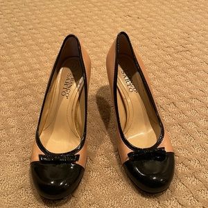 Franco Sarto black patent and tan leather heels